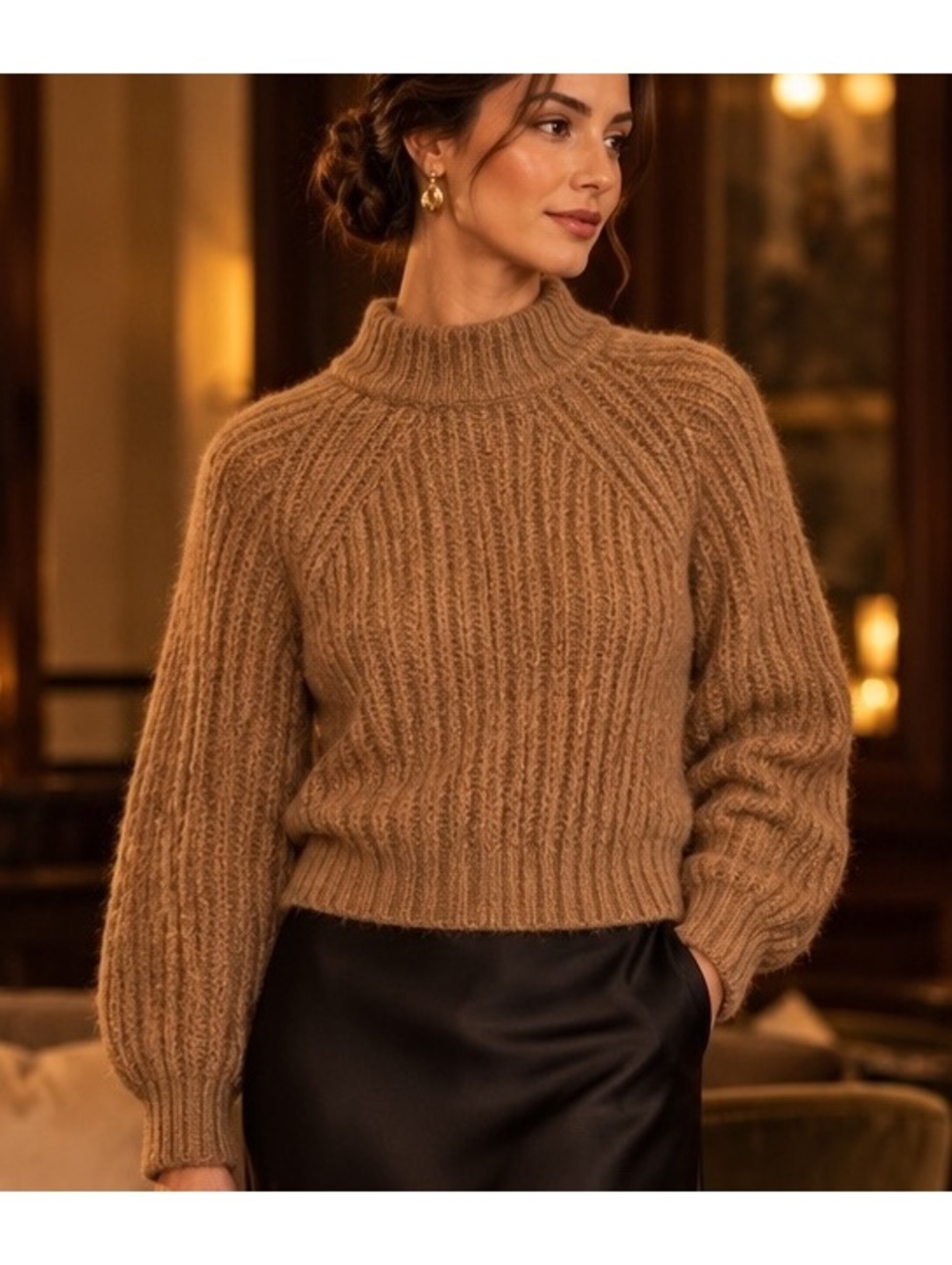 H&M Alpaca Wool Chunky Knit Turtleneck Short Sweater Camel Luxury Womens Sz S